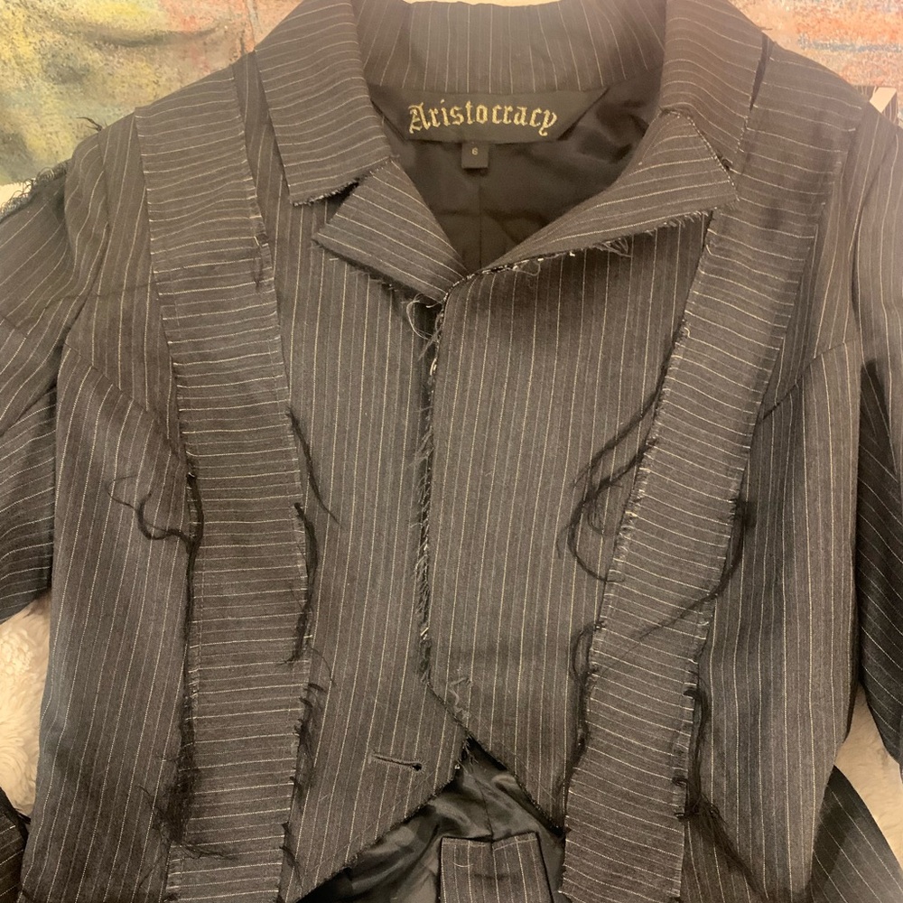 “Aristocracy" pinstripe blazer w/ gold cross design on back ,1 button closure - Picture 8 of 15